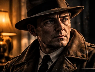 Detective Daniel Mercer in a fedora and trench coat