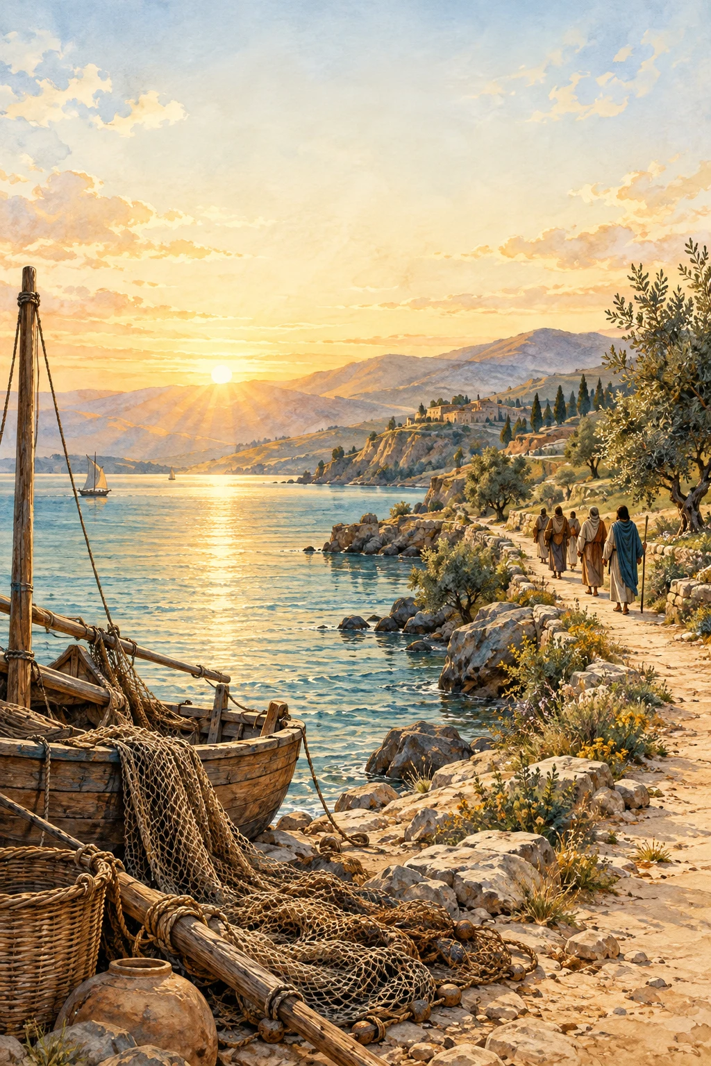Watercolor of a fishing boat and travelers beside a sunlit Galilean lakeshore