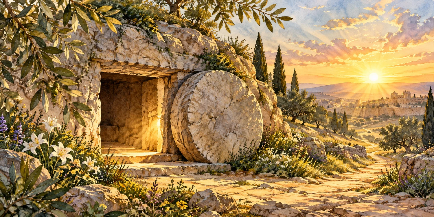 An open garden tomb in morning light