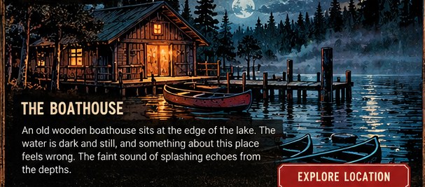Moonlit wooden camp boathouse and lake