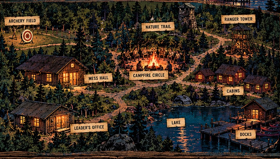 Illustrated 1993 camp with forest, cabins, lake and campfire
