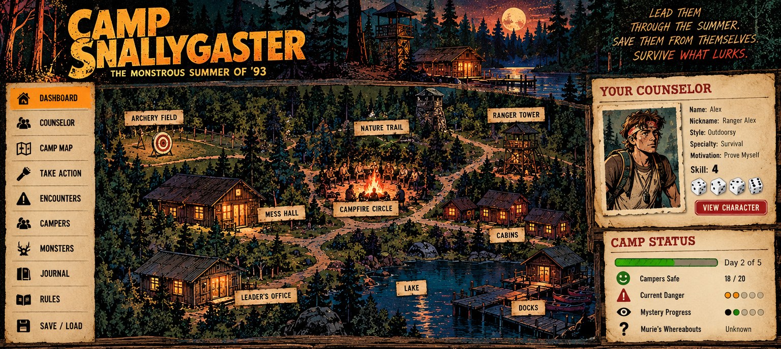 Retro horror summer camp panorama beneath a moonlit sky