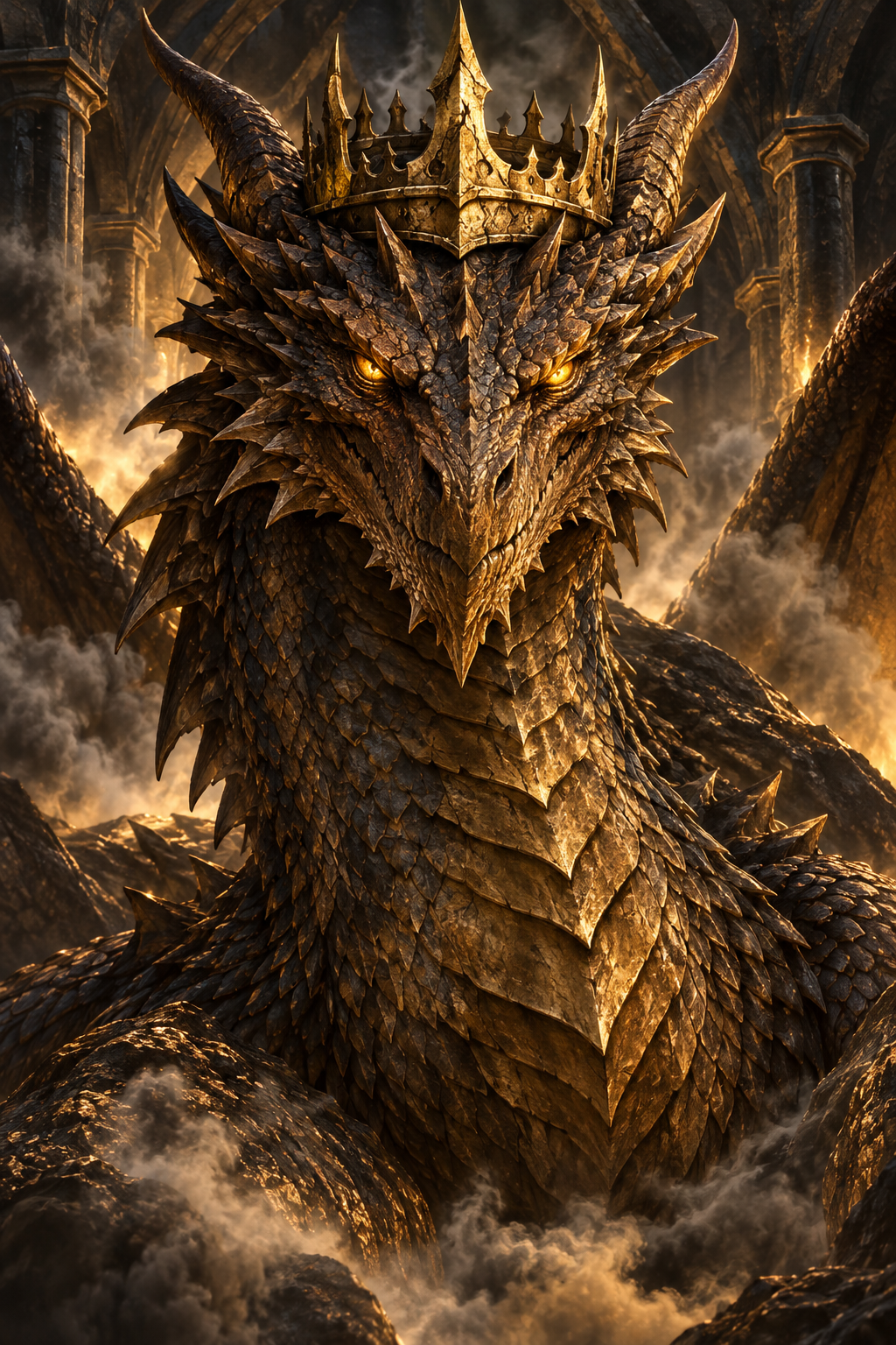 A crowned bronze dragon with glowing amber eyes