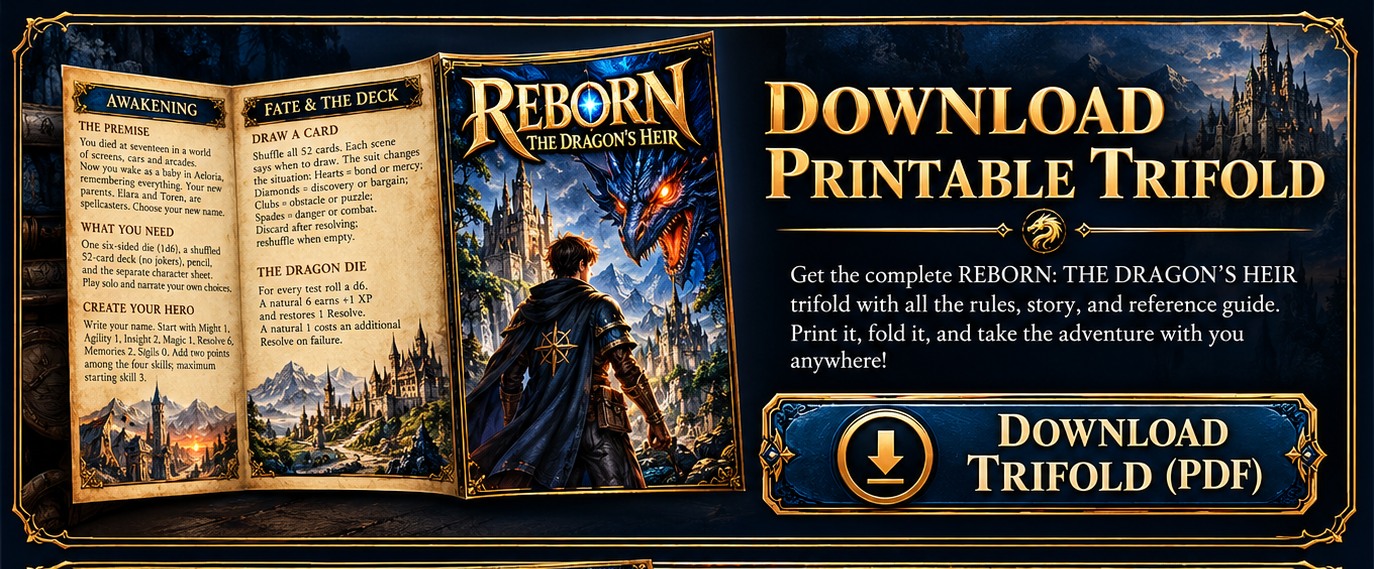 Download Printable Trifold: illustrated REBORN adventure brochure with dragon and adventurer