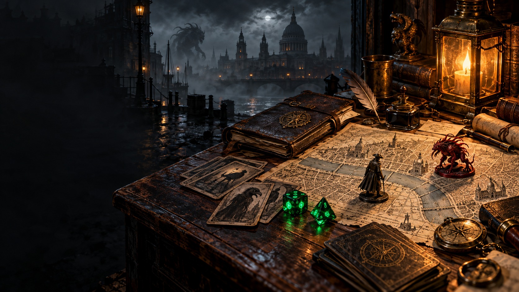 An investigator's candlelit desk overlooking fogbound eighteenth-century London