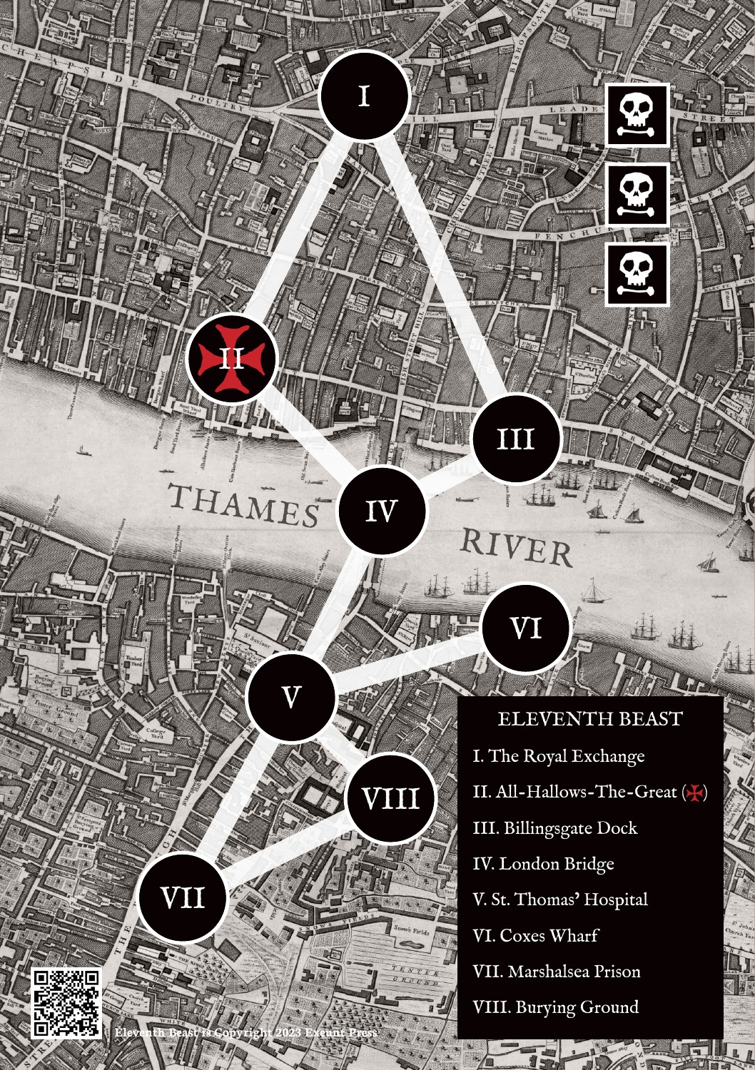The supplied Eleventh Beast map, showing eight linked locations around the Thames