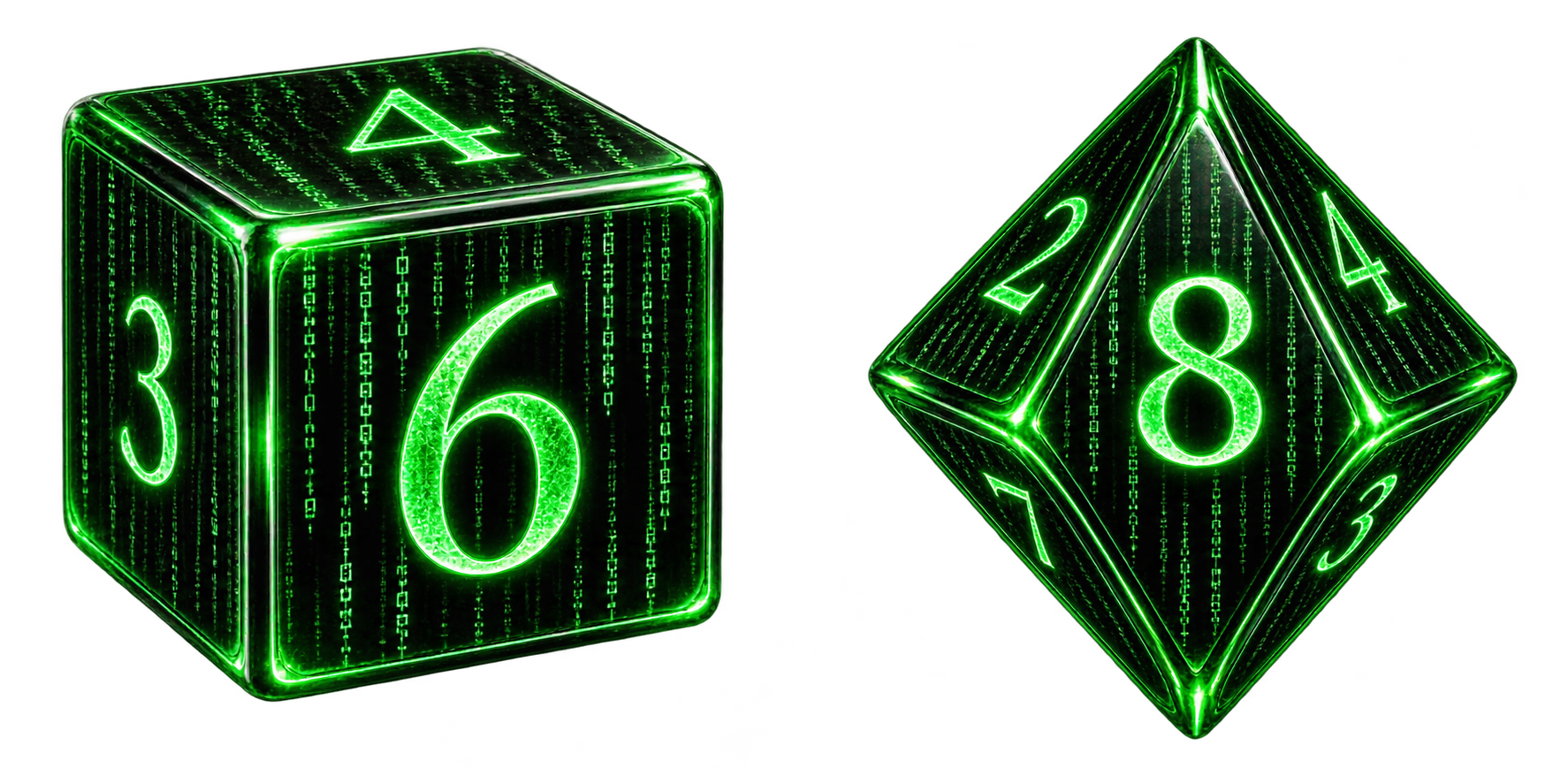 Black d6 and d8 dice with glowing green digital-rain designs