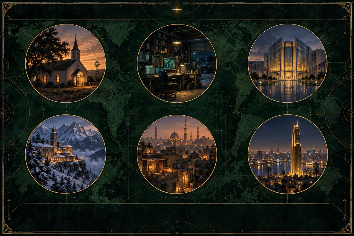 Six locations across the Genesis Code world, from a quiet church and computer workshop to the Tower of Light