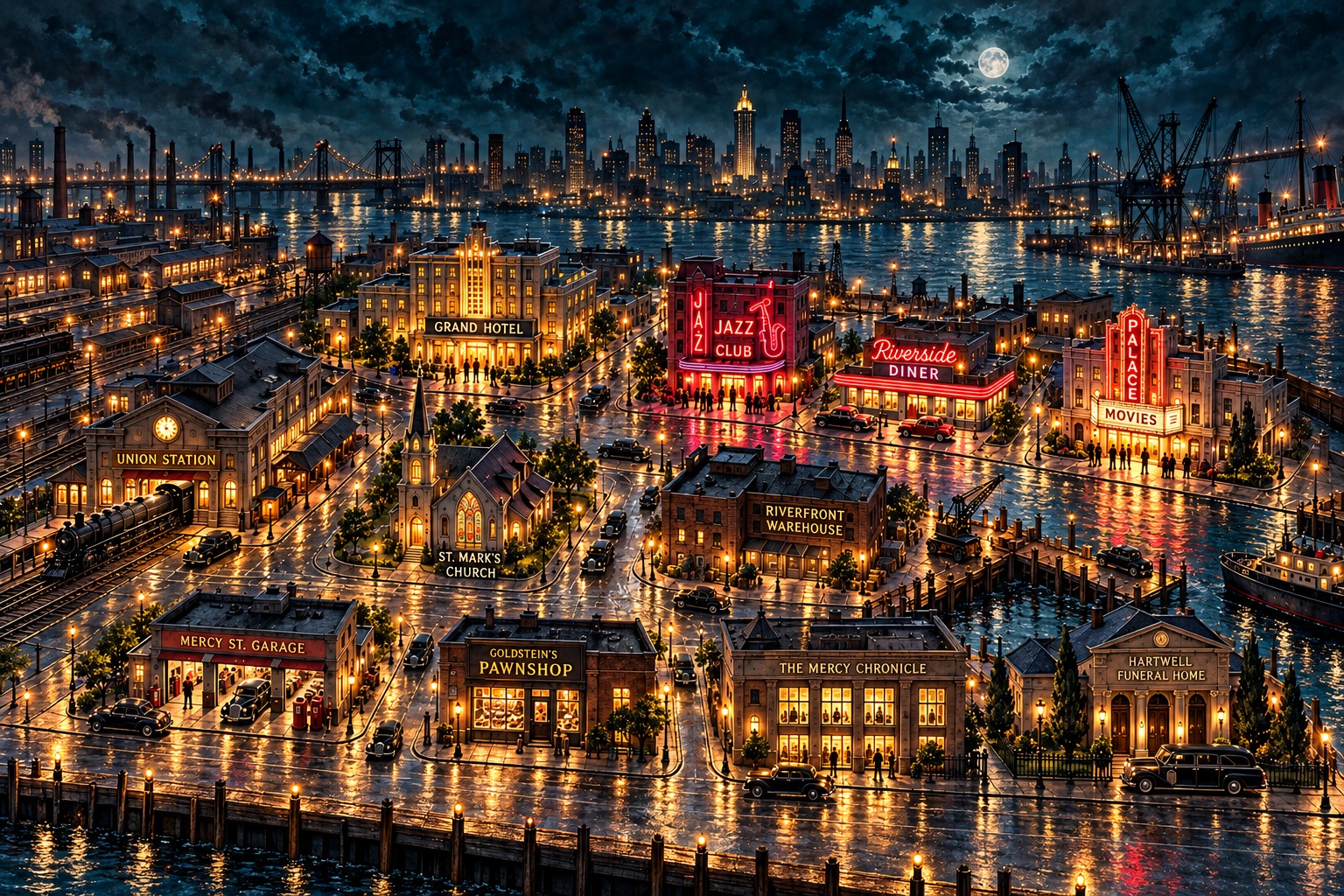 An illustrated 1950s waterfront district at night, with twelve investigation locations