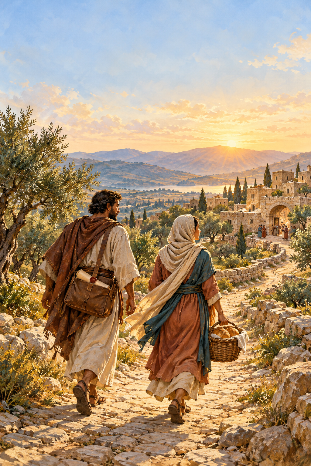 Travelers carrying provisions toward an ancient village