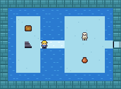 Frozen Reach: an ice bridge frozen across deep water toward a chest and a stair