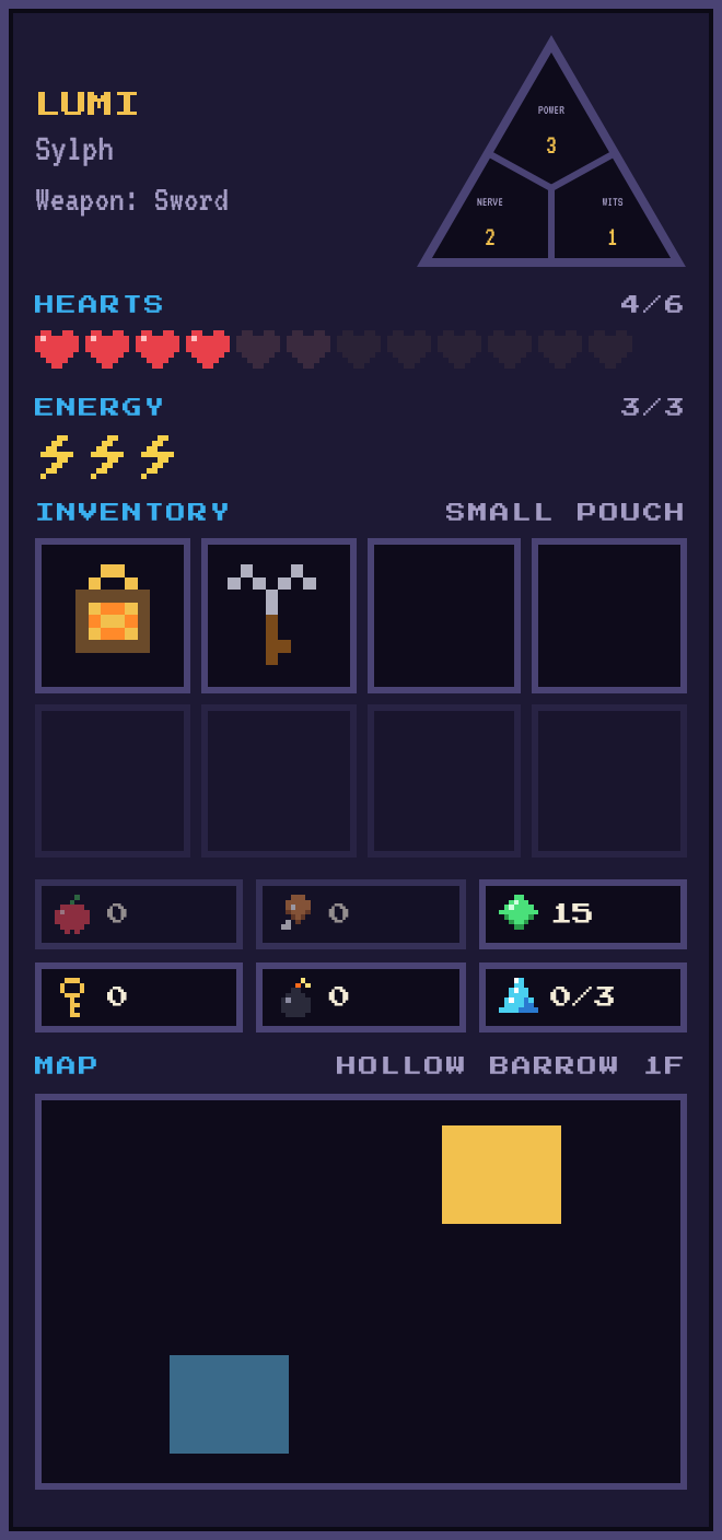 The hero sheet: attribute triangle, hearts, energy, inventory pouch, food, gems, keys, bombs and shards