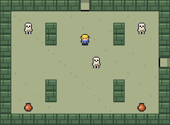 Pillar Hall: three skeletons lurk among stone pillars