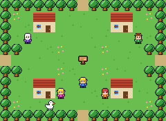Wrenwick Village: cottages, villagers, a duck and a signpost on the village green