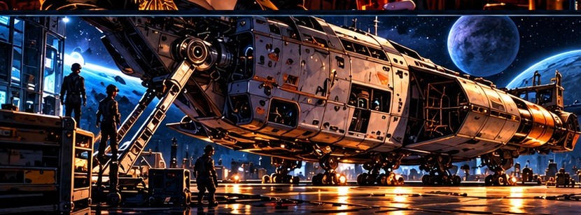 Dark futuristic spacecraft hangar, a visual teaser for Episode 2