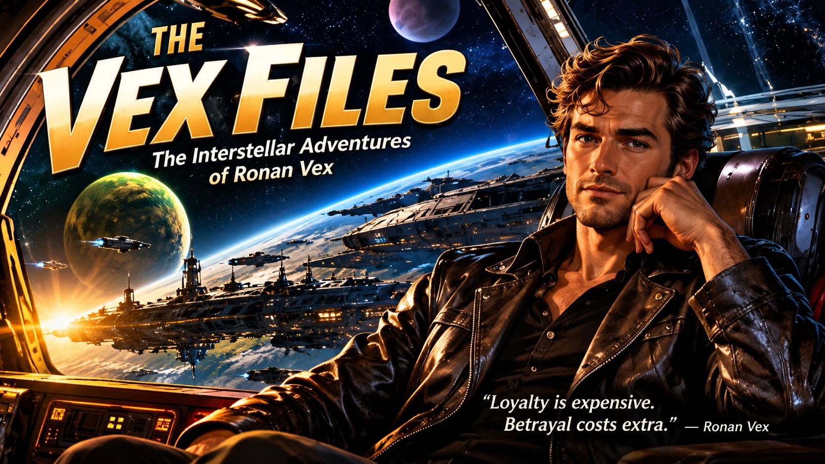 Cinematic The Vex Files series poster with Ronan Vex in space
