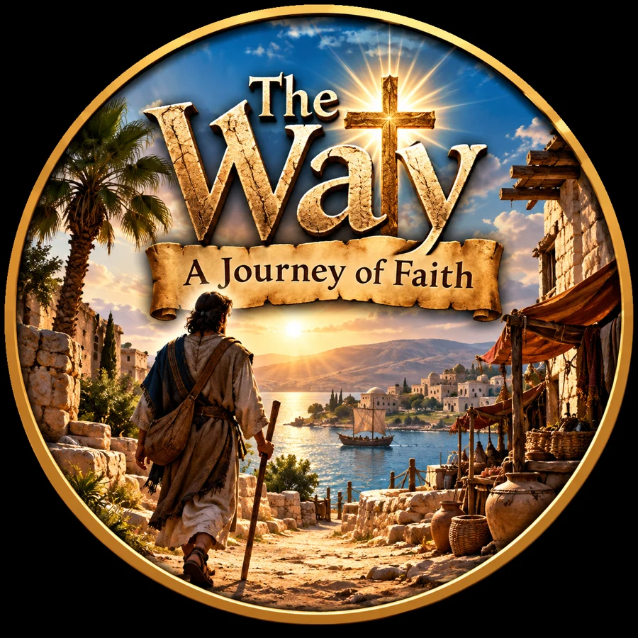 The Way: A Journey of Faith — traveler approaching an ancient Galilean village beneath a radiant cross