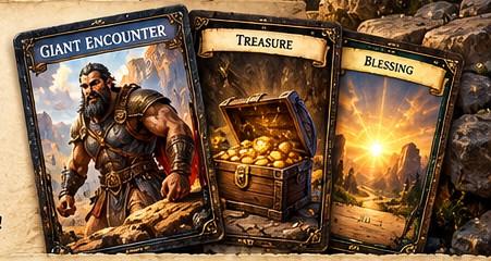 Illustrated fantasy encounter, treasure, and blessing cards