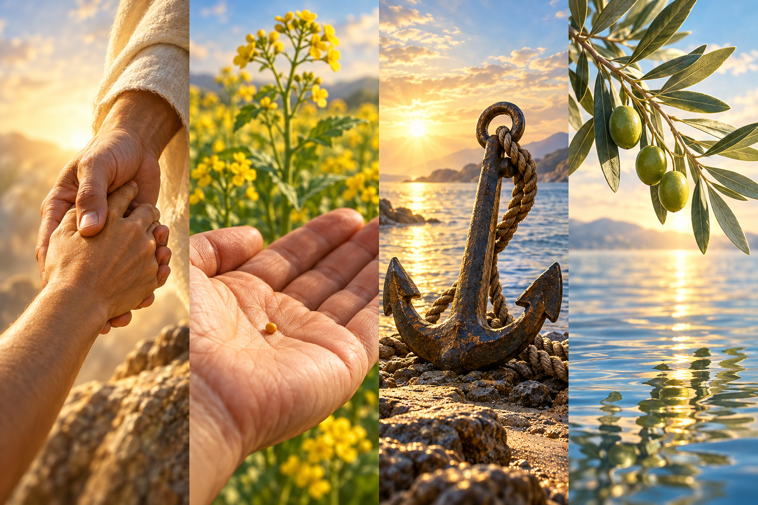 The game's four Ace illustrations: helping hands for Love, a mustard seed for Faith, an anchor for Hope, and an olive branch above still water for Peace